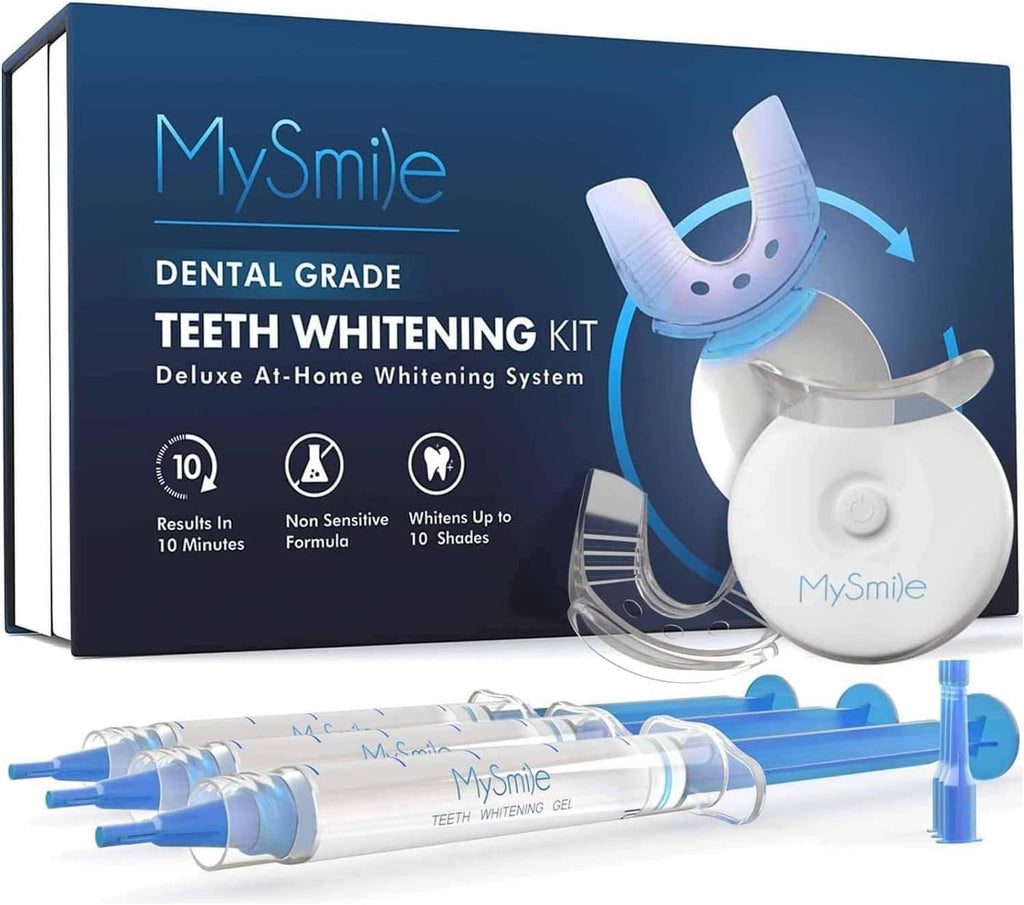 Dental-grade teeth whitening kit box with LED mouth tray and multiple gel syringes