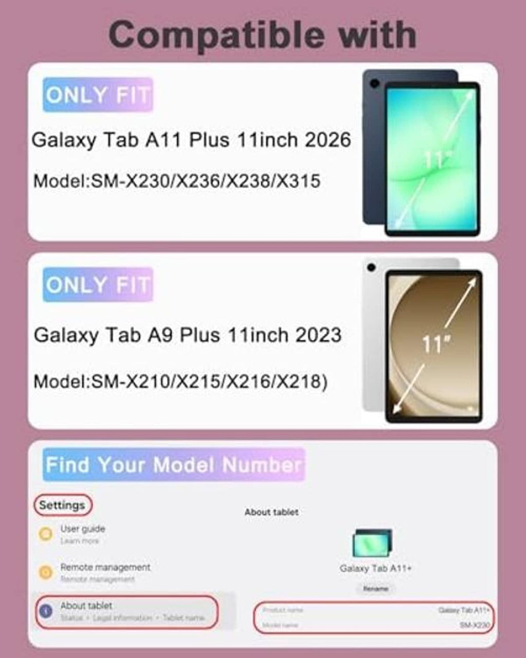 Tablet case compatibility card showing Galaxy Tab A11 Plus and A9 Plus models