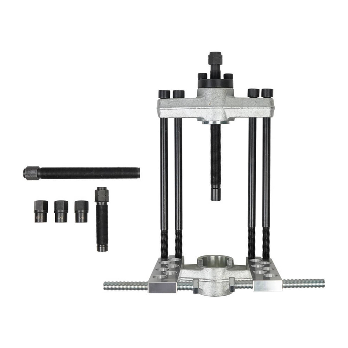 King pin press removal tool assembly with base, uprights, and included sockets