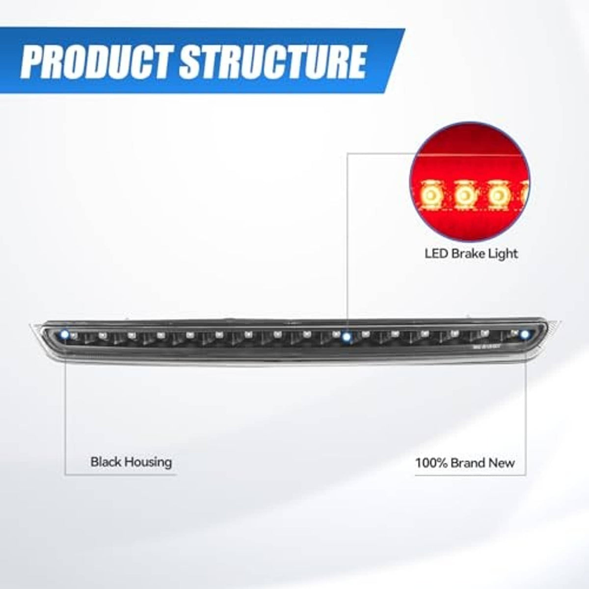 LED third brake light bar with black housing and multiple LEDs, product structure