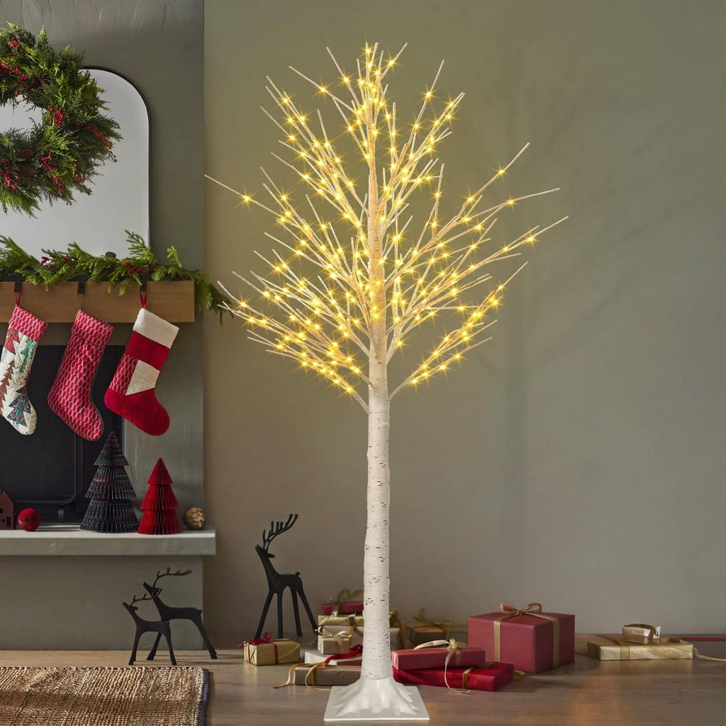 6 ft LED lighted birch tree decoration with warm white lights and white bark