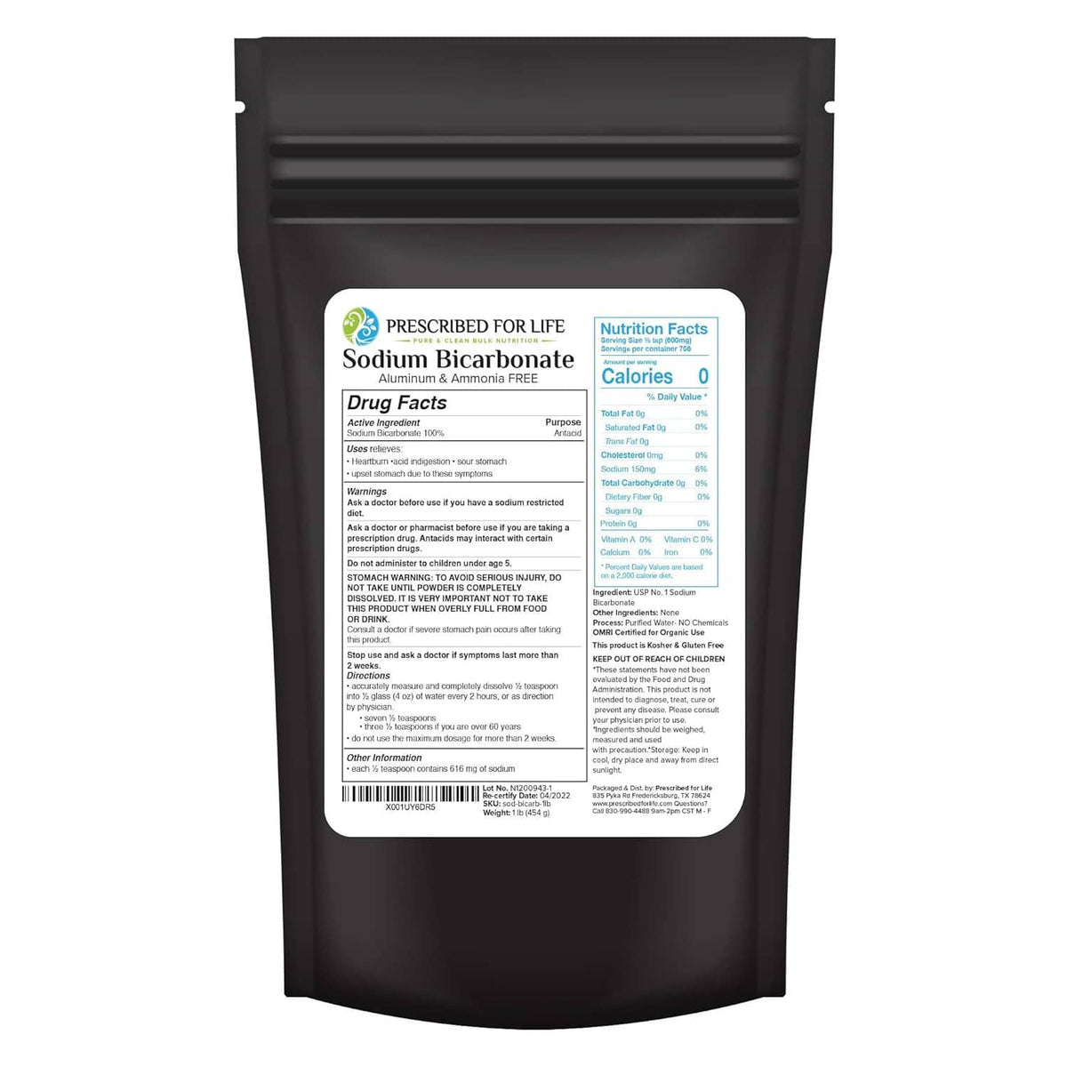 Natural sodium bicarbonate baking soda powder pouch with back label and nutrition facts