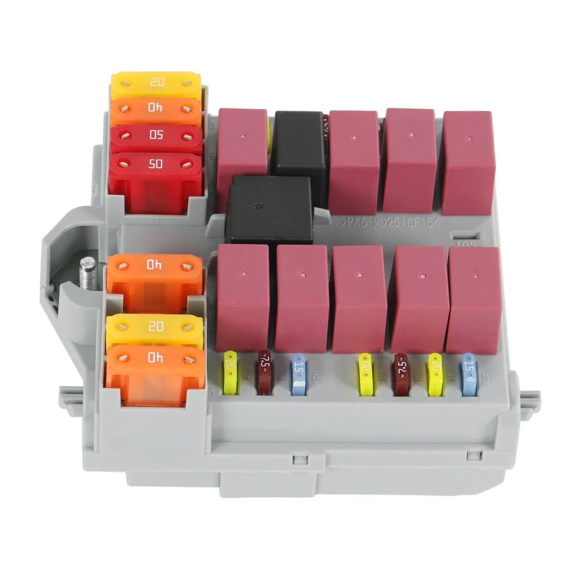 Automotive distribution fuse box with red, orange, black and yellow fuse blocks, front view.
