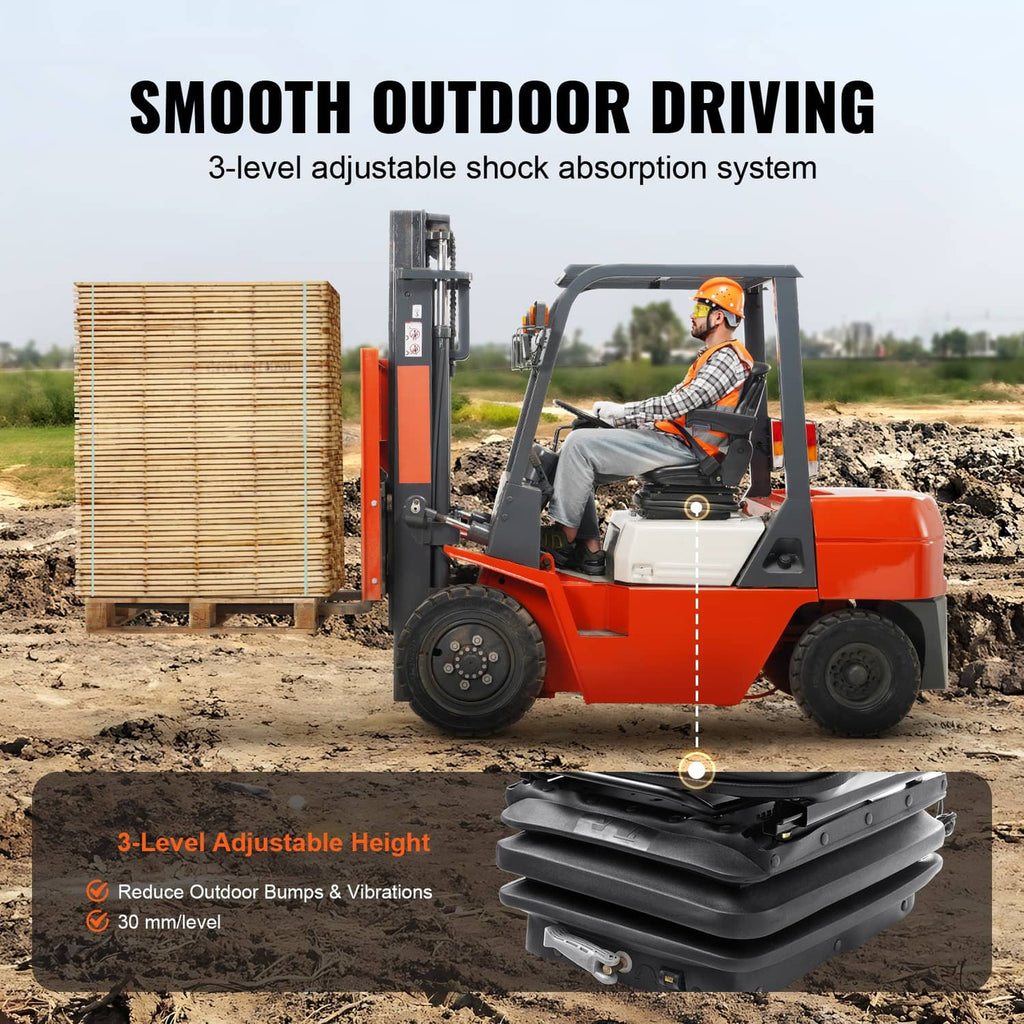 Black forklift seat with multi-level height adjustment stack