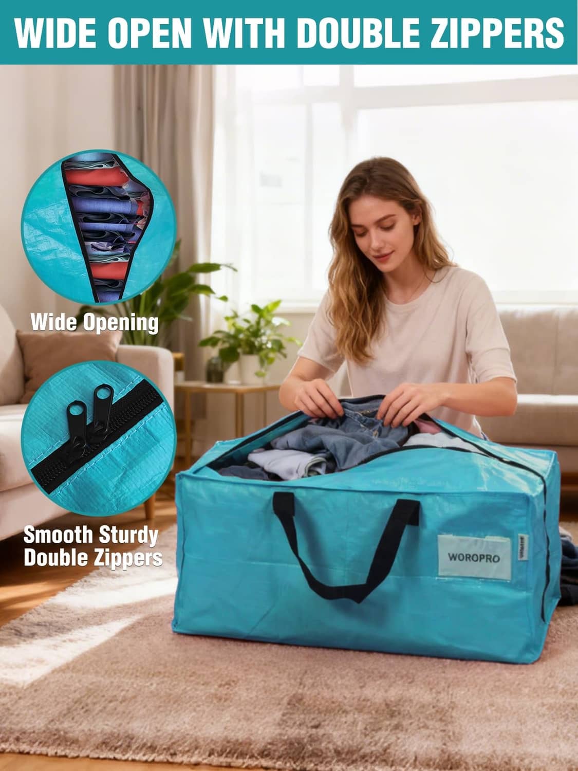 Turquoise moving bag with wide double-zip opening and black handles