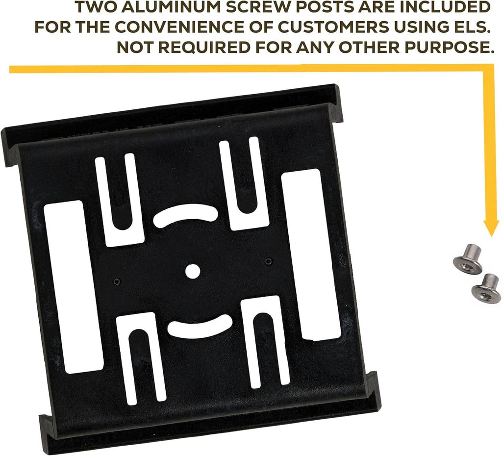 Black mounting plate with molded shell openings and included aluminum screw posts