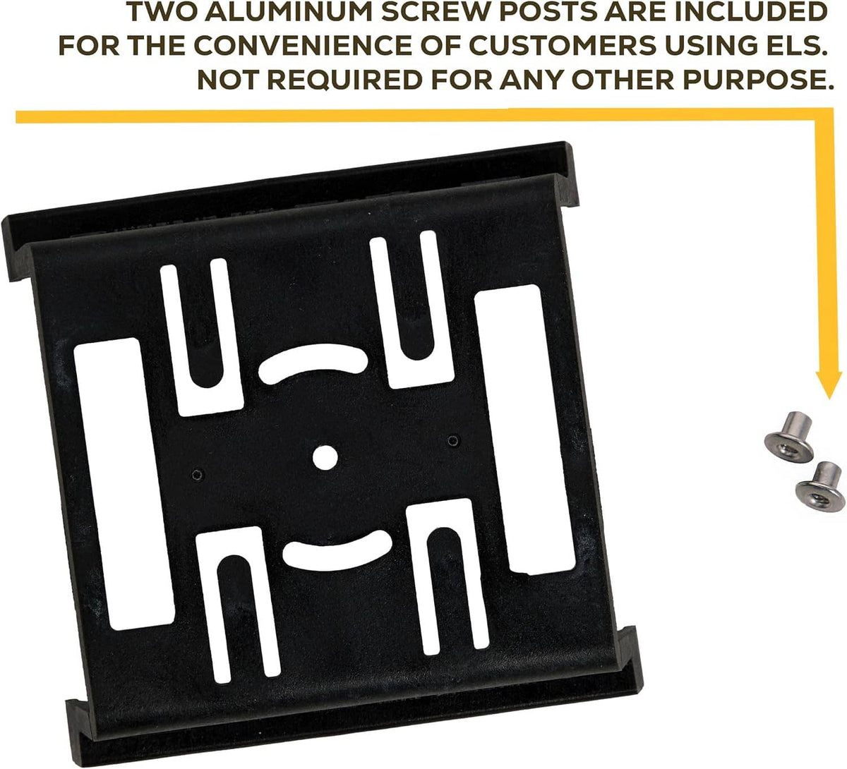 Black mounting plate with molded shell openings and included aluminum screw posts