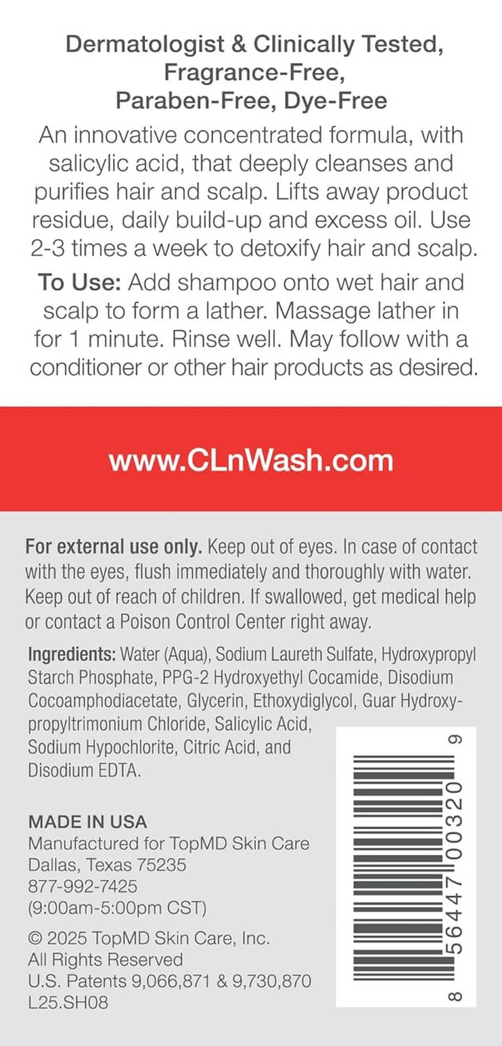 CLn healthy scalp shampoo back label on white bottle with orange band