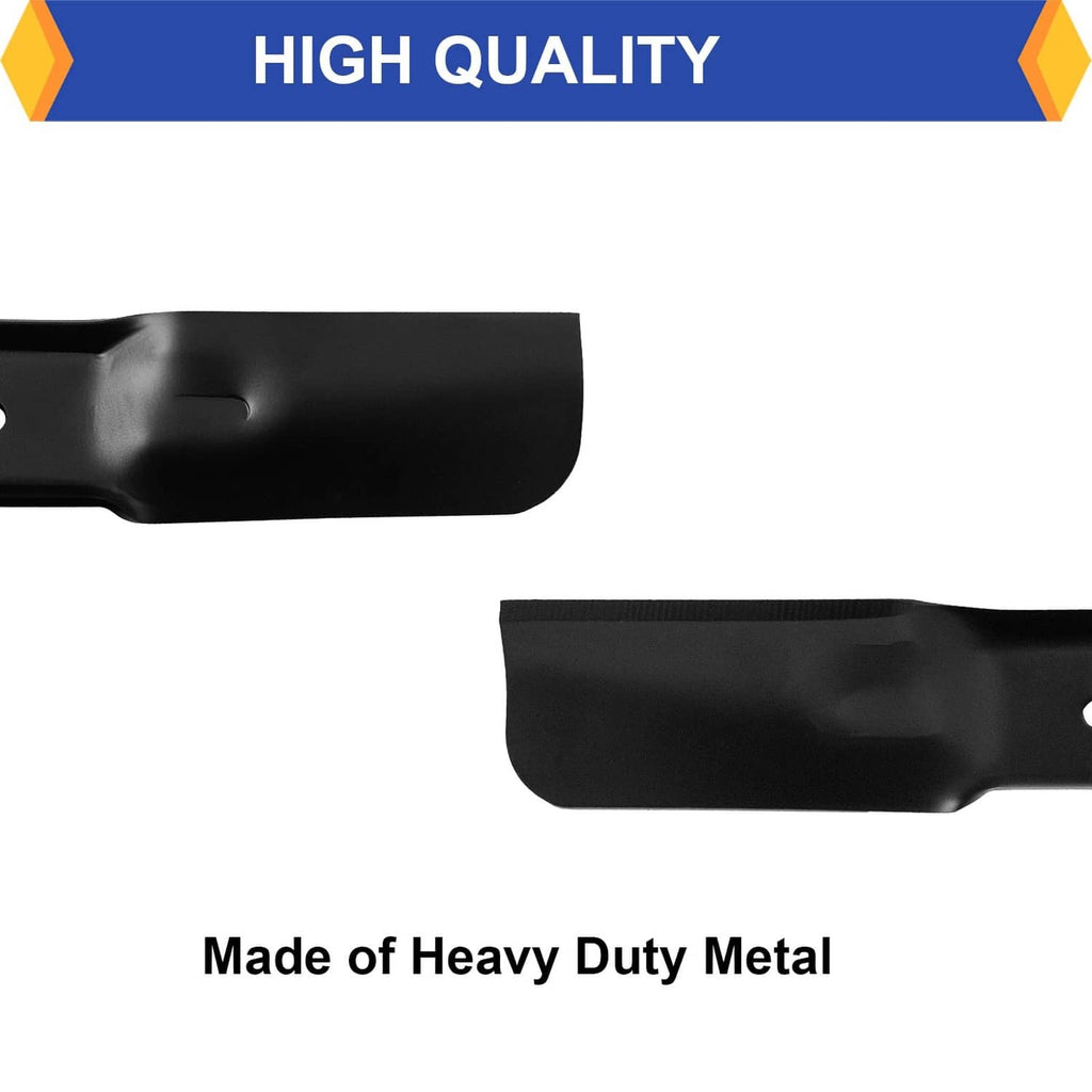 Two black lawn mower replacement blades made of heavy-duty metal