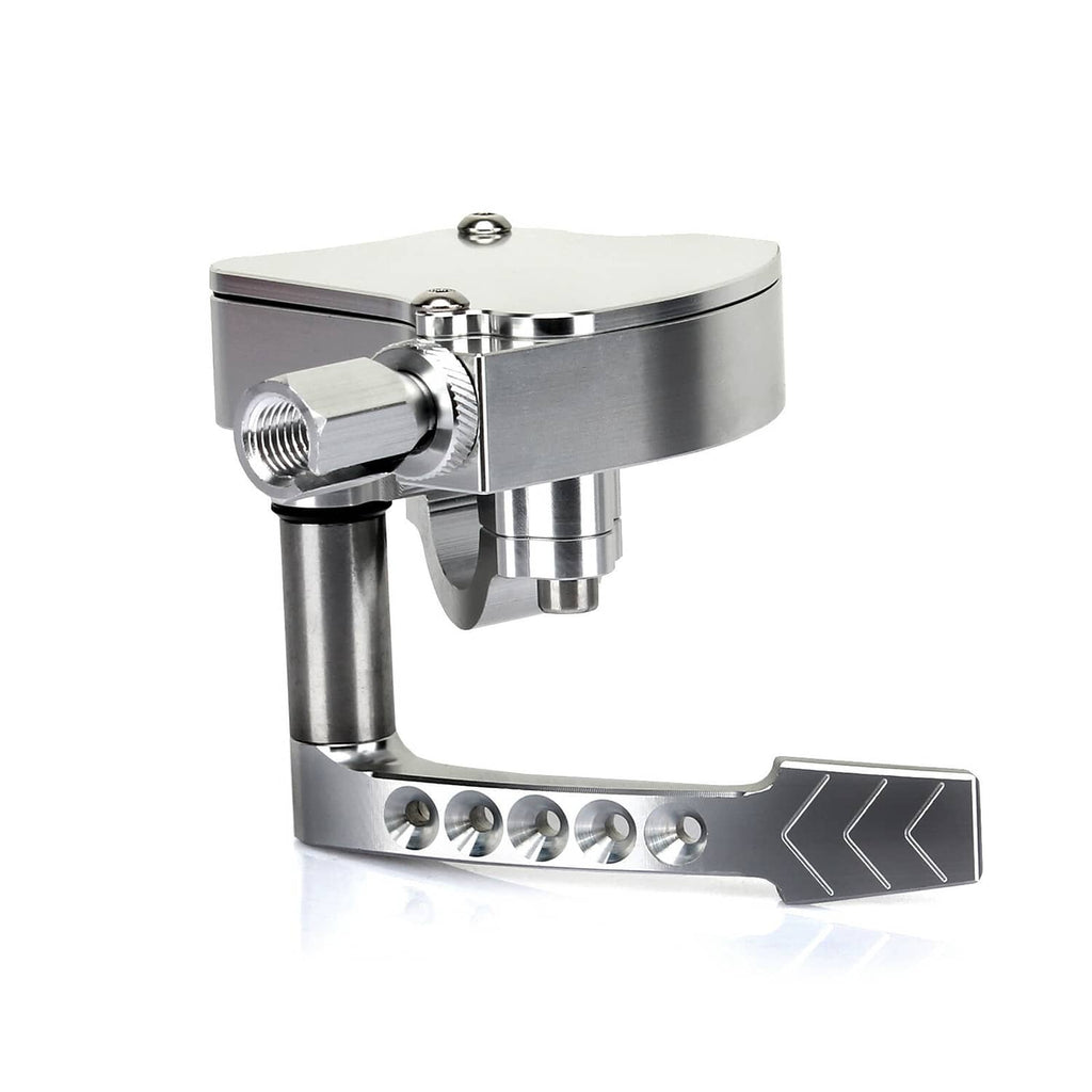 Billet thumb throttle assembly, silver with thumb lever and arrow-marked foot