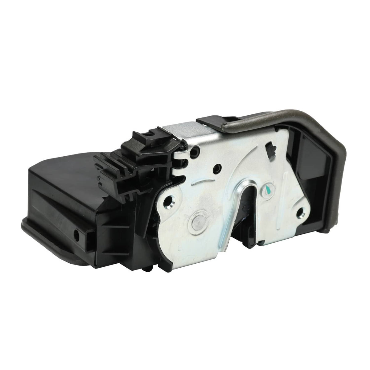 Power door lock latch actuator with silver latch mechanism and black electrical connector