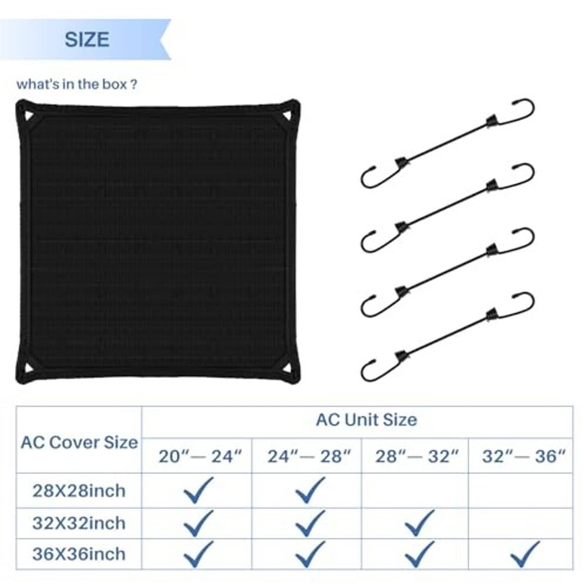 AC unit cover set showing black square cover and elastic ties with size chart