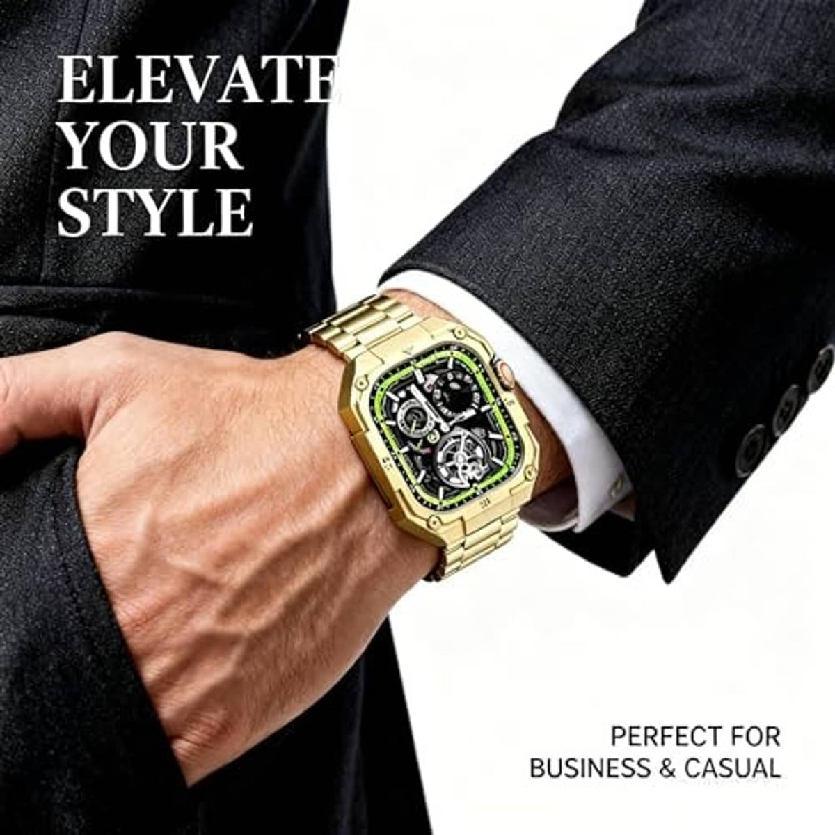 Gold-tone stainless steel watch on wrist, black multi-dial face with green highlights