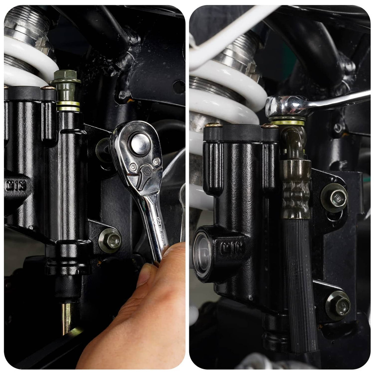 Brake master cylinder close-up showing line fittings and pivot lever