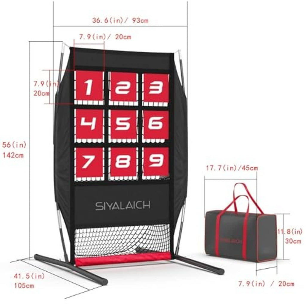 Pitching target net dimensions view with black frame, red numbered grid, and net front