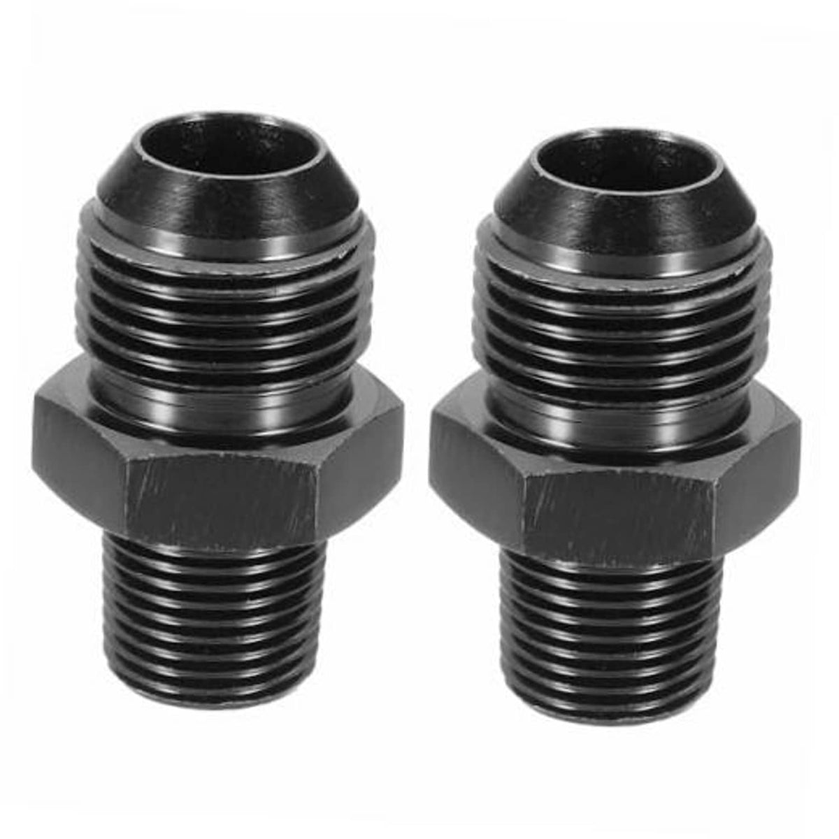 Black straight flare adapter pipe fitting, male threads, hex ends, 2-pack