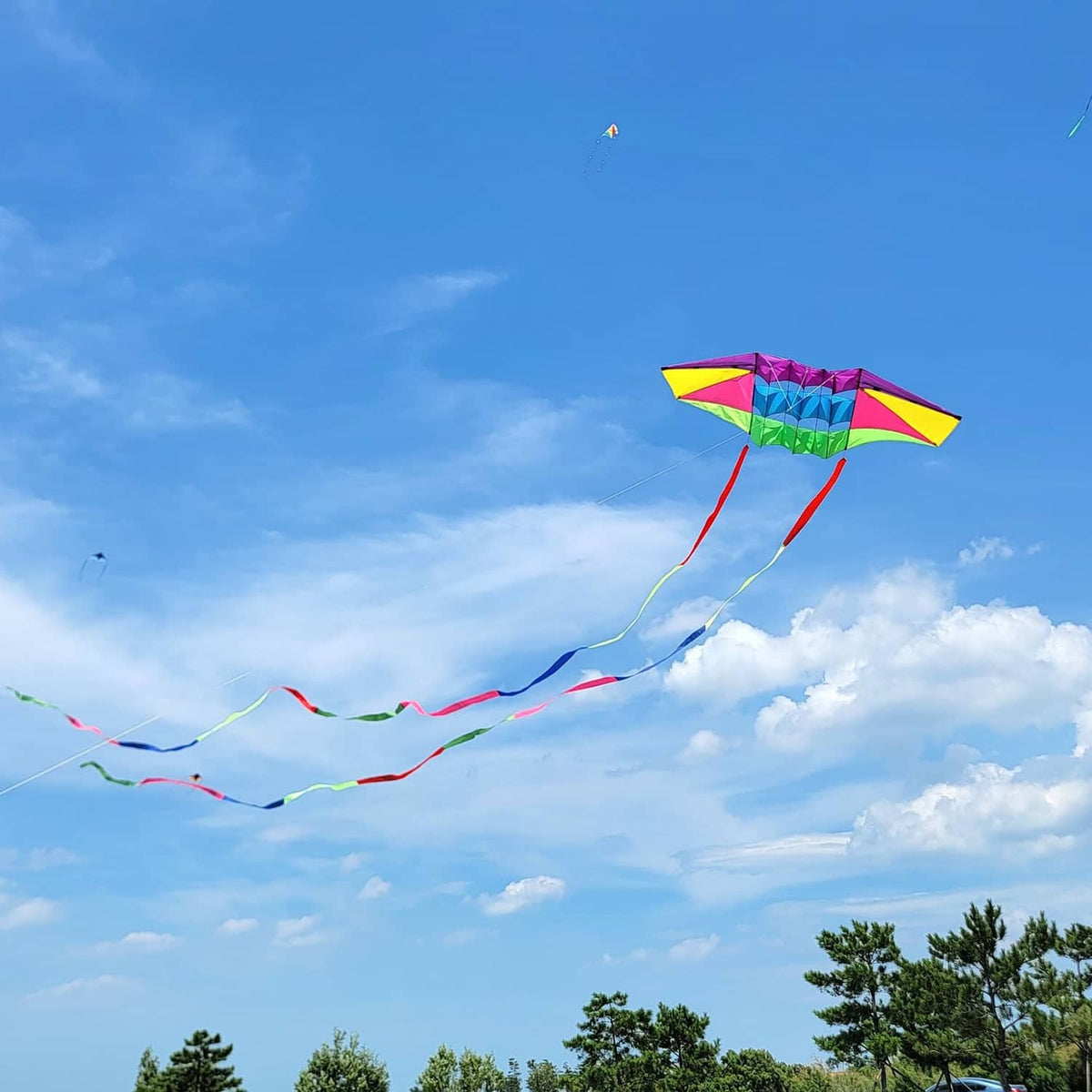 Rainbow beach kite flying with long multicolor tails stretching across sky