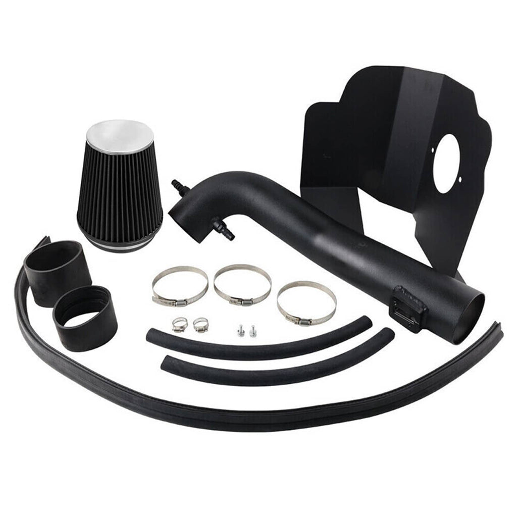 Cold air intake kit with cone filter, black tubing, clamps, and hardware set