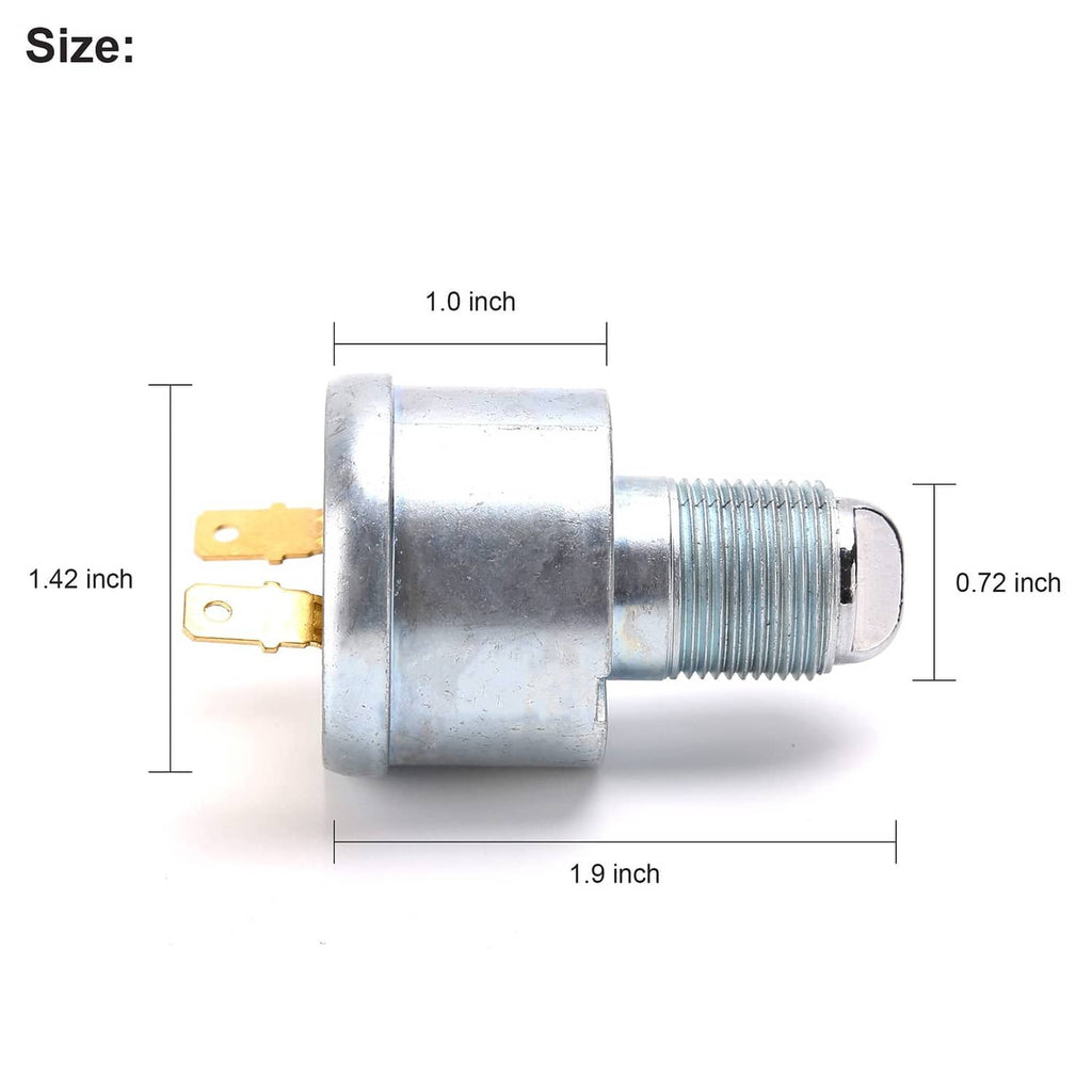 Golf cart ignition key switch with dimensions: 1.9 in long, 0.72 in terminal length.