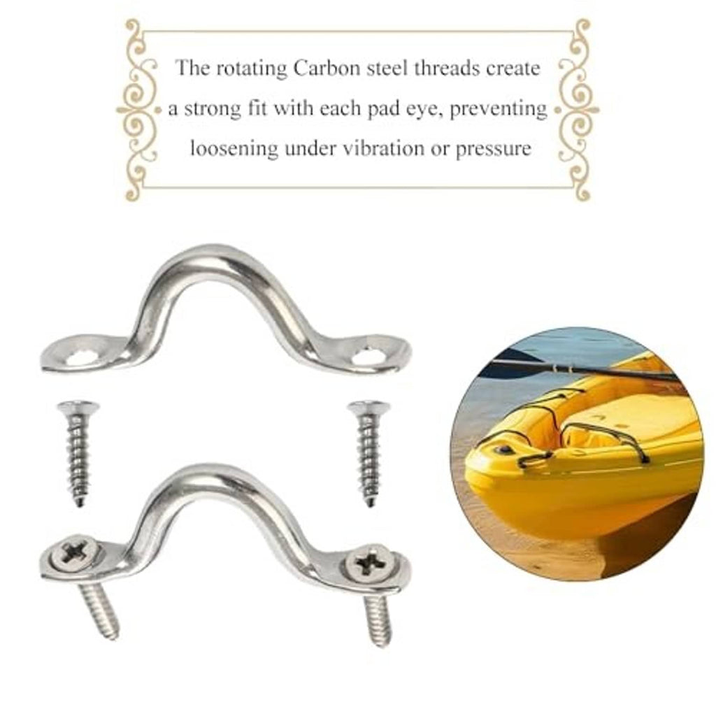 Stainless steel pad eye with included screws; hinged loop design shown