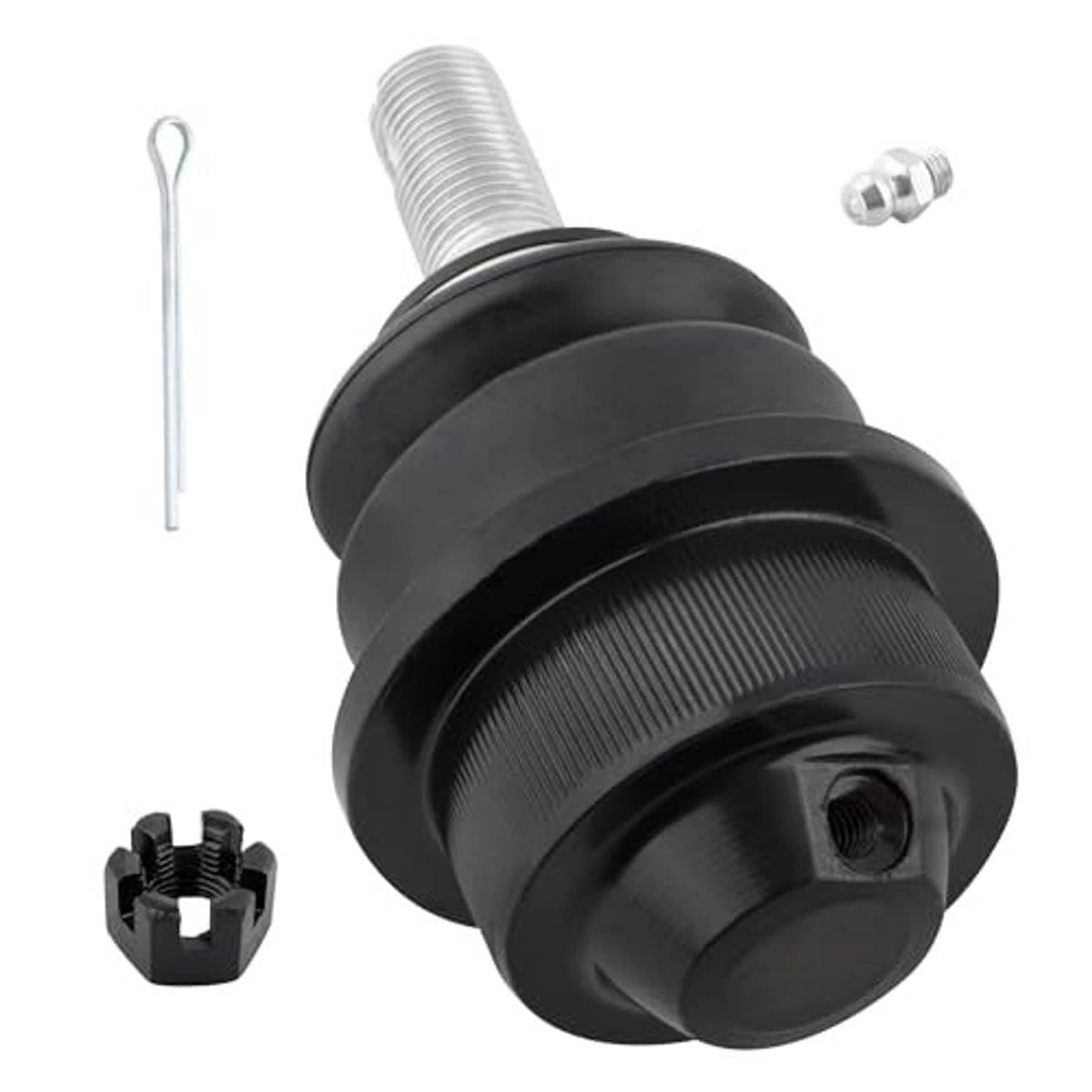 Front ball joint angled view with black boot, threaded stud, cotter pin and retaining clip