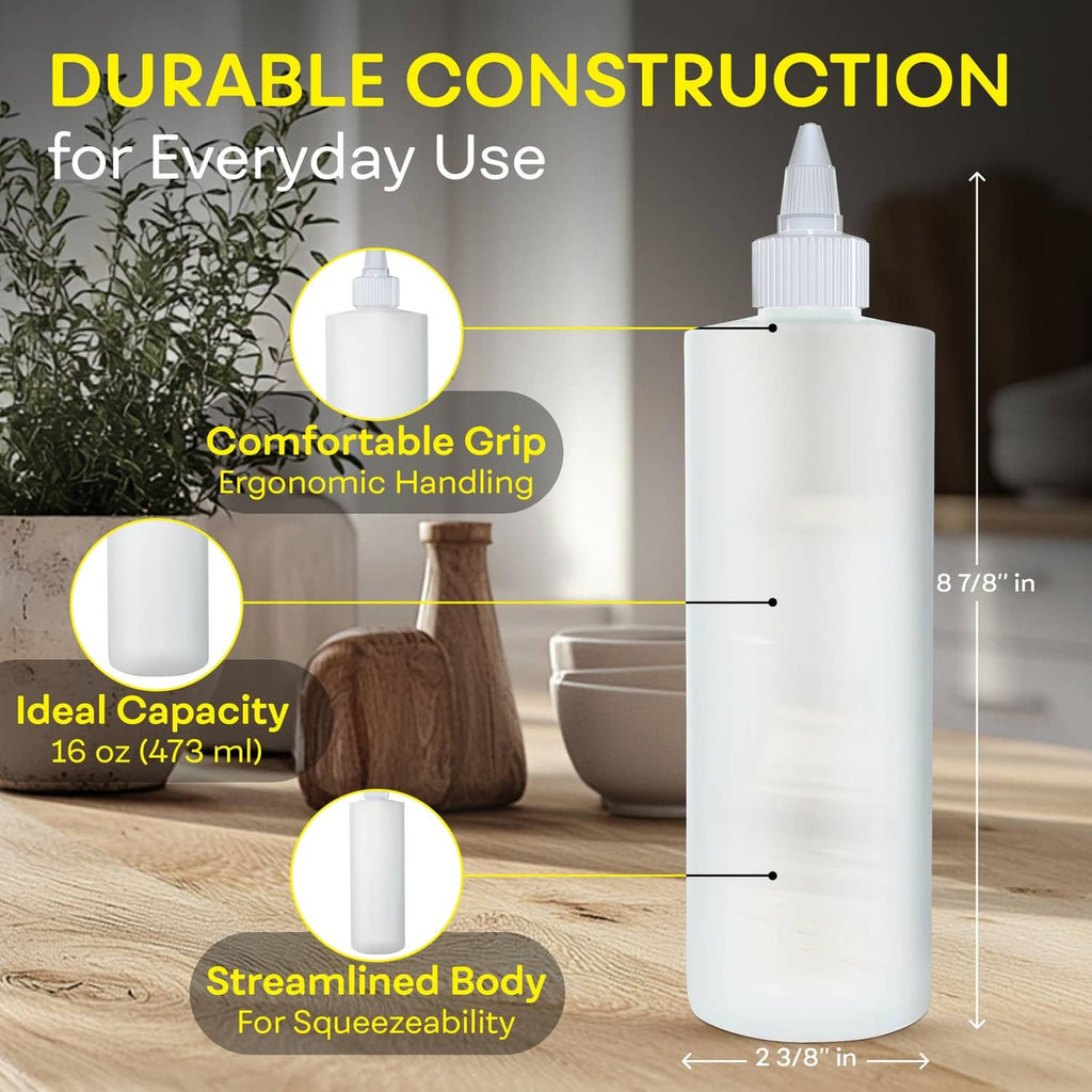 Single clear condiment squeeze bottle with white twist cap and narrow nozzle, 16 oz
