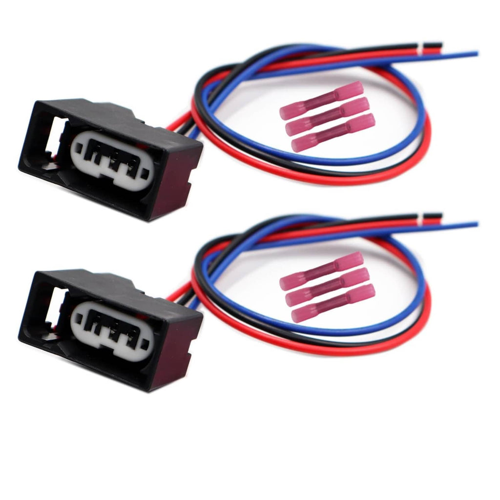 3-pin tail lamp connector pigtails set with black connectors, blue/red wiring, pink heatshrink