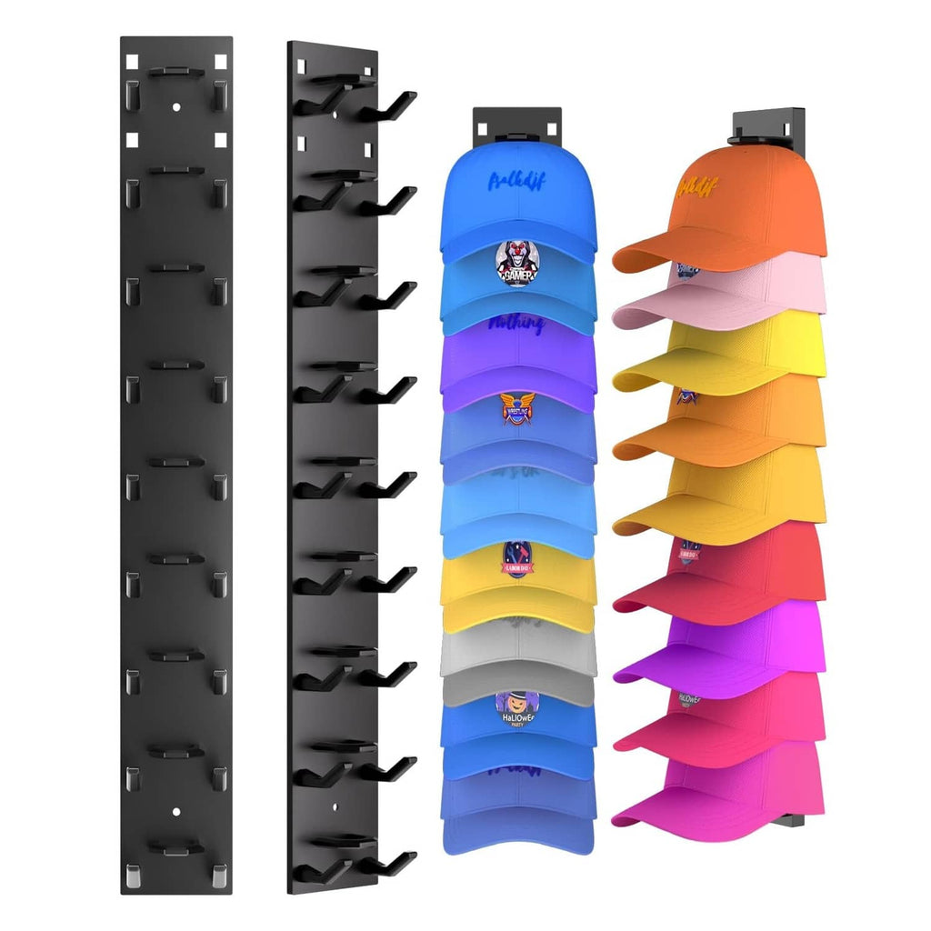 Black wall-mount baseball cap organizer rack with multiple U-shaped cap slots