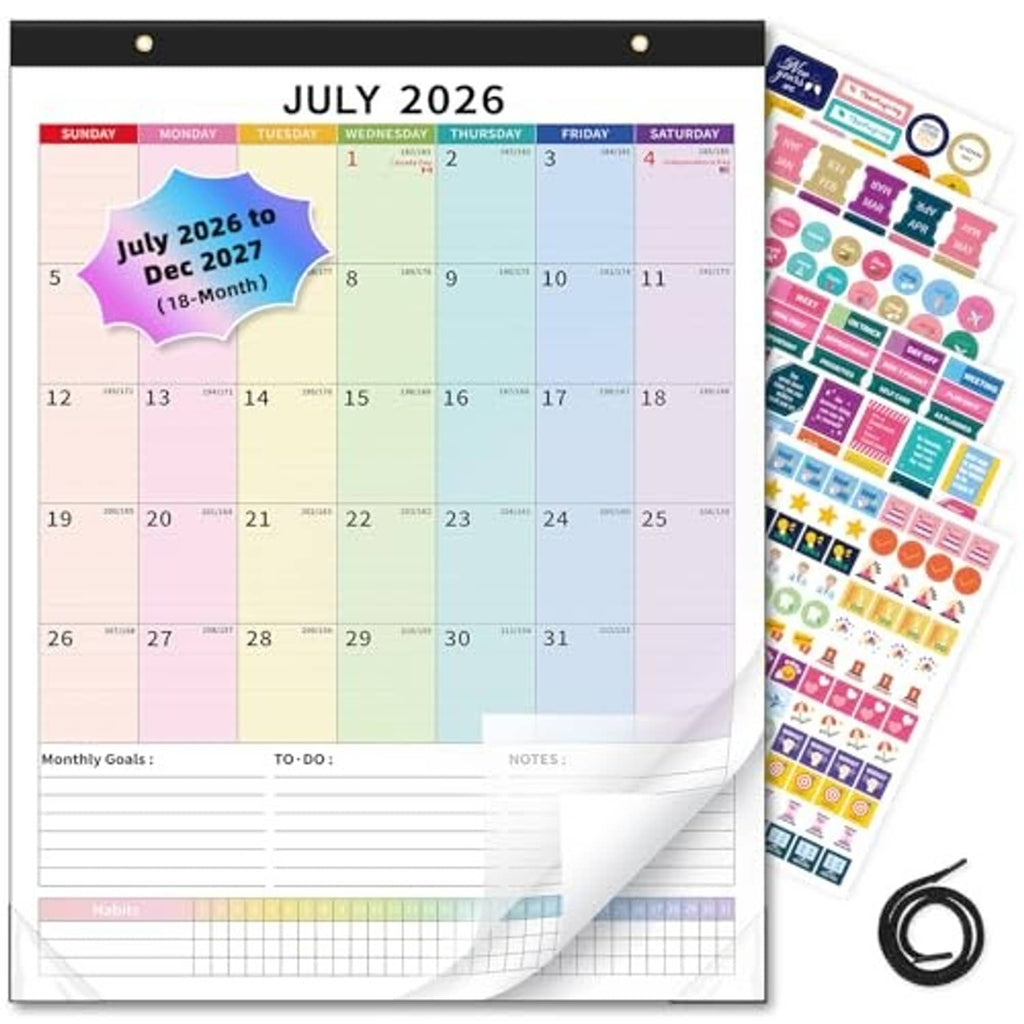 July 2026 monthly wall calendar with colorful date grid and planning notes lines
