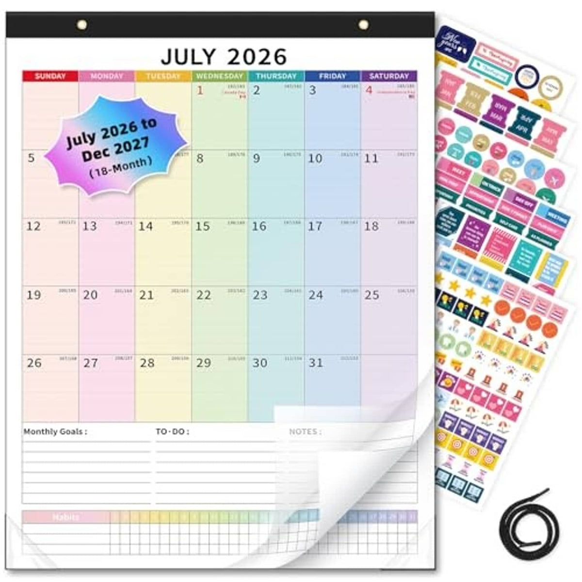 July 2026 monthly wall calendar with colorful date grid and planning notes lines