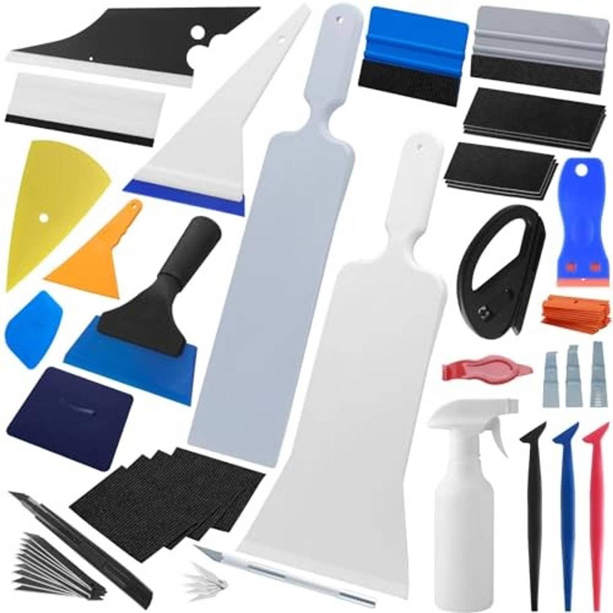 Window tint tool kit set featuring felt squeegees, blade scrapers, and cleaning tools