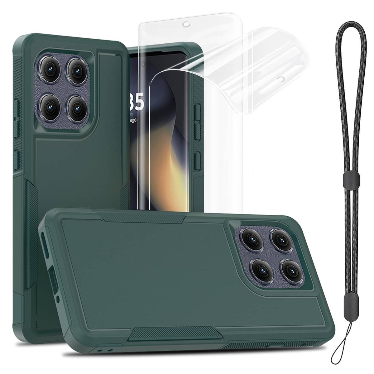 Matte green phone case set with camera cutouts and matching lanyard strap