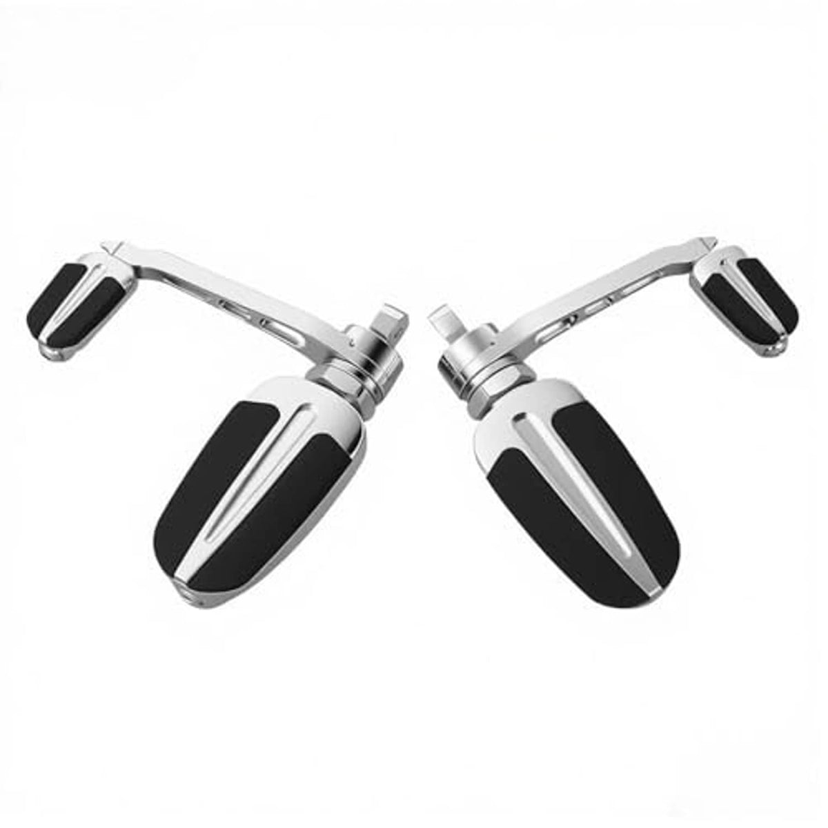 Motorcycle foot peg pair showing curved silver arms and black rubber tread pads