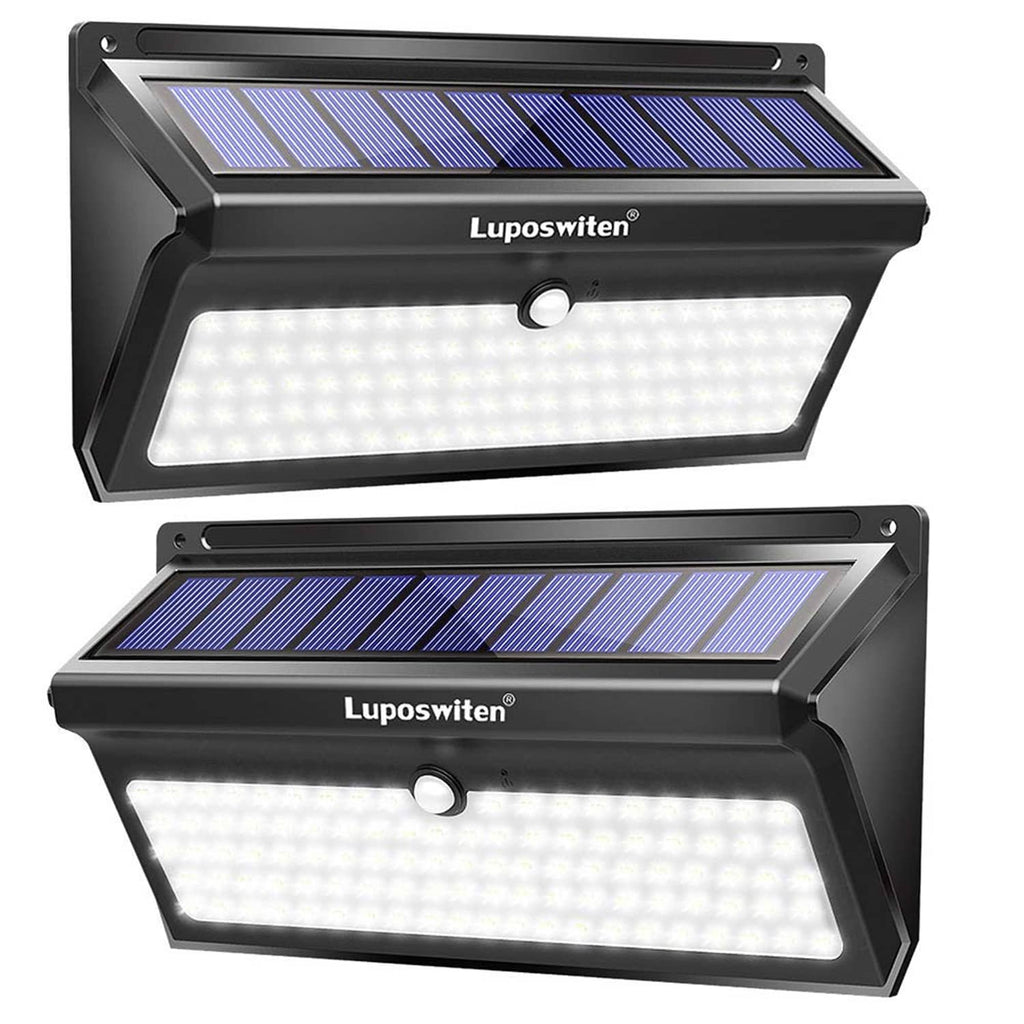 Two black solar motion sensor lights with top solar panels and front LED strips