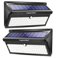 Two black solar motion sensor lights with top solar panels and front LED strips