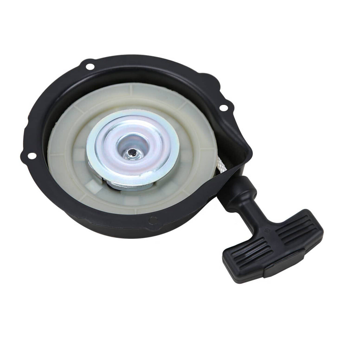 Recoil starter pull start kit with light pulley, black housing, and ribbed pull handle