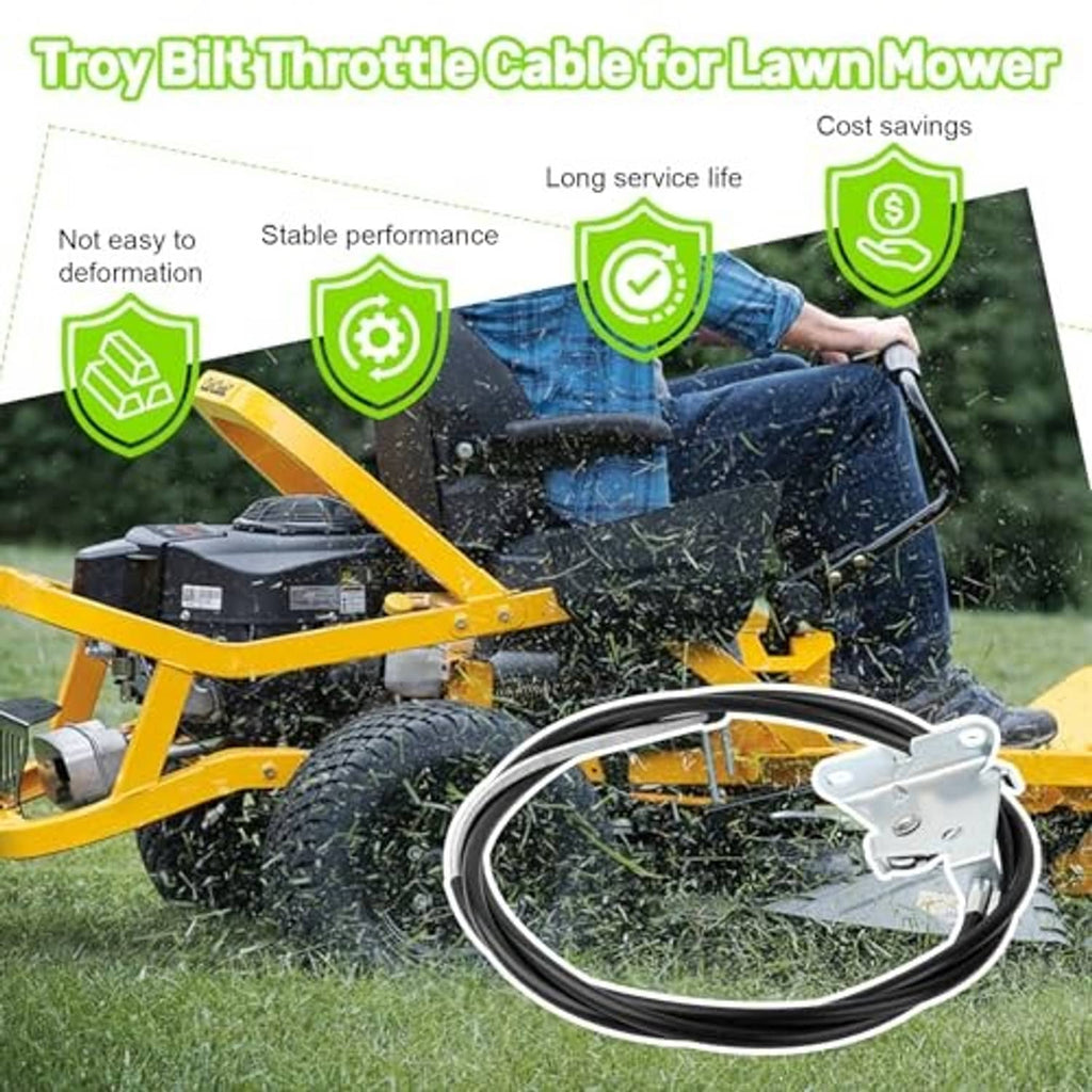 Throttle and choke control cable with metal bracket and black housing on mower deck