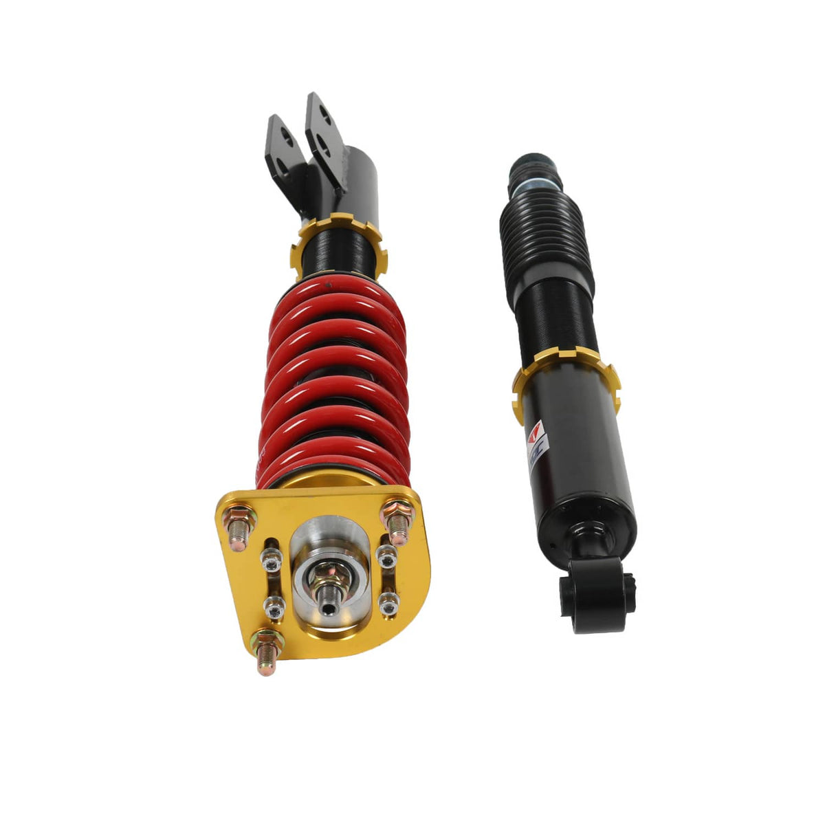 Adjustable coilover strut shocks with red springs, gold mounts, and black bodies