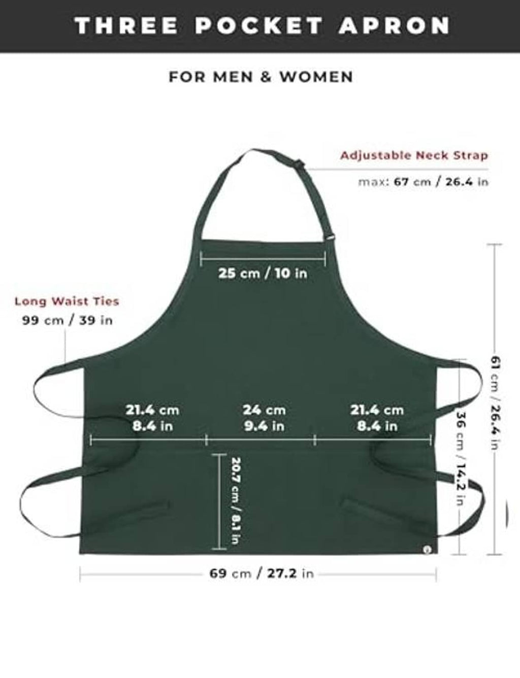 Three-pocket hunter green apron diagram with adjustable neck strap and waist ties