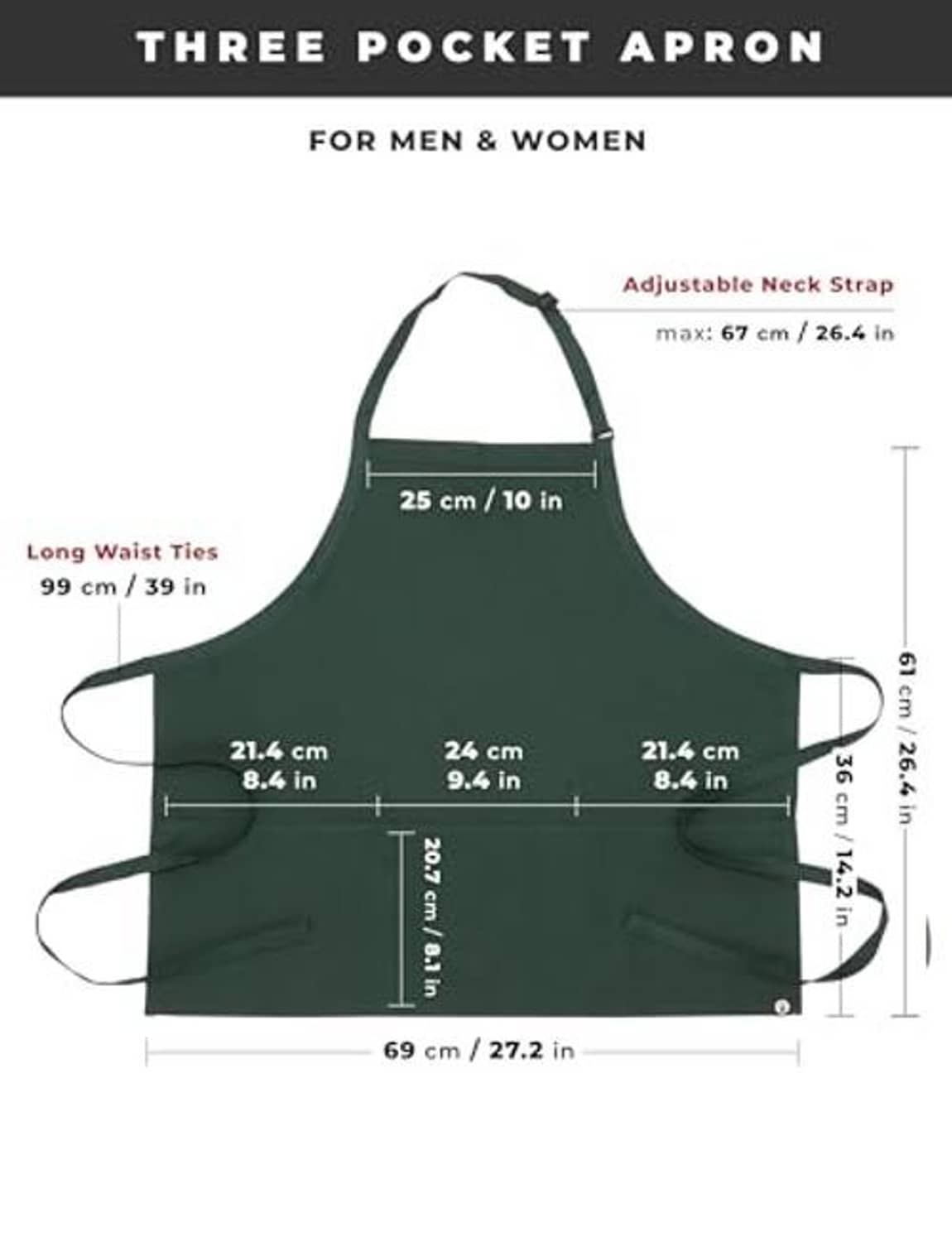 Three-pocket hunter green apron diagram with adjustable neck strap and waist ties