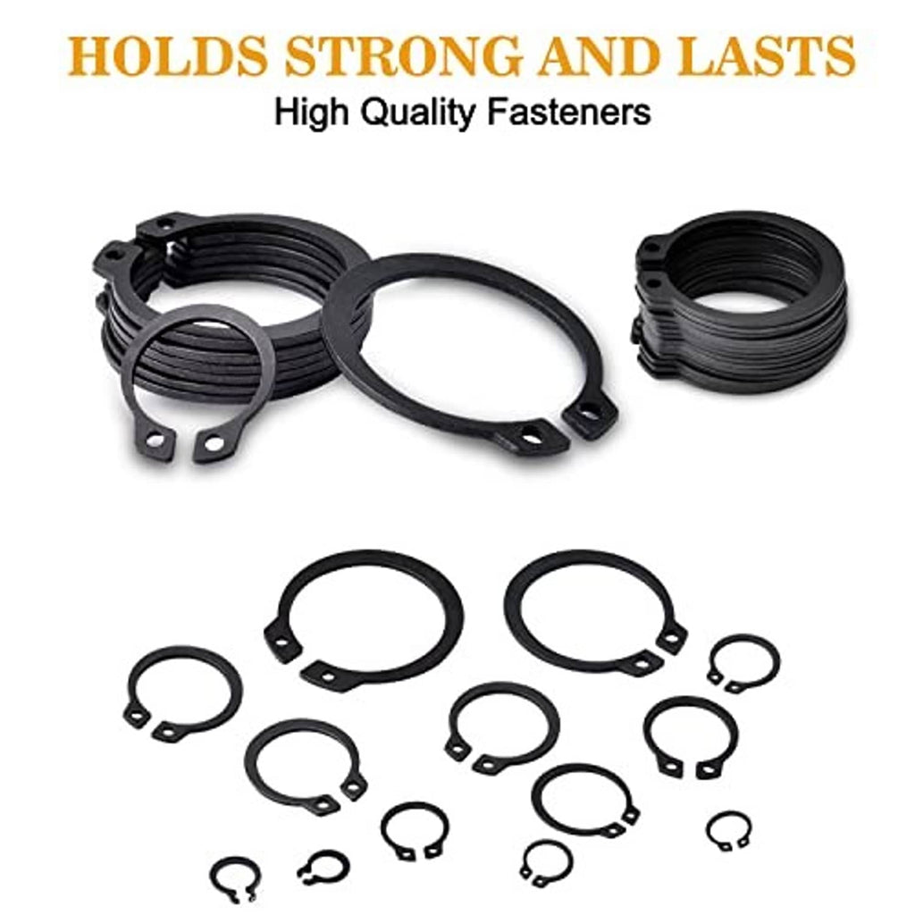Black external snap rings shown stacked and laid out, durable alloy steel set