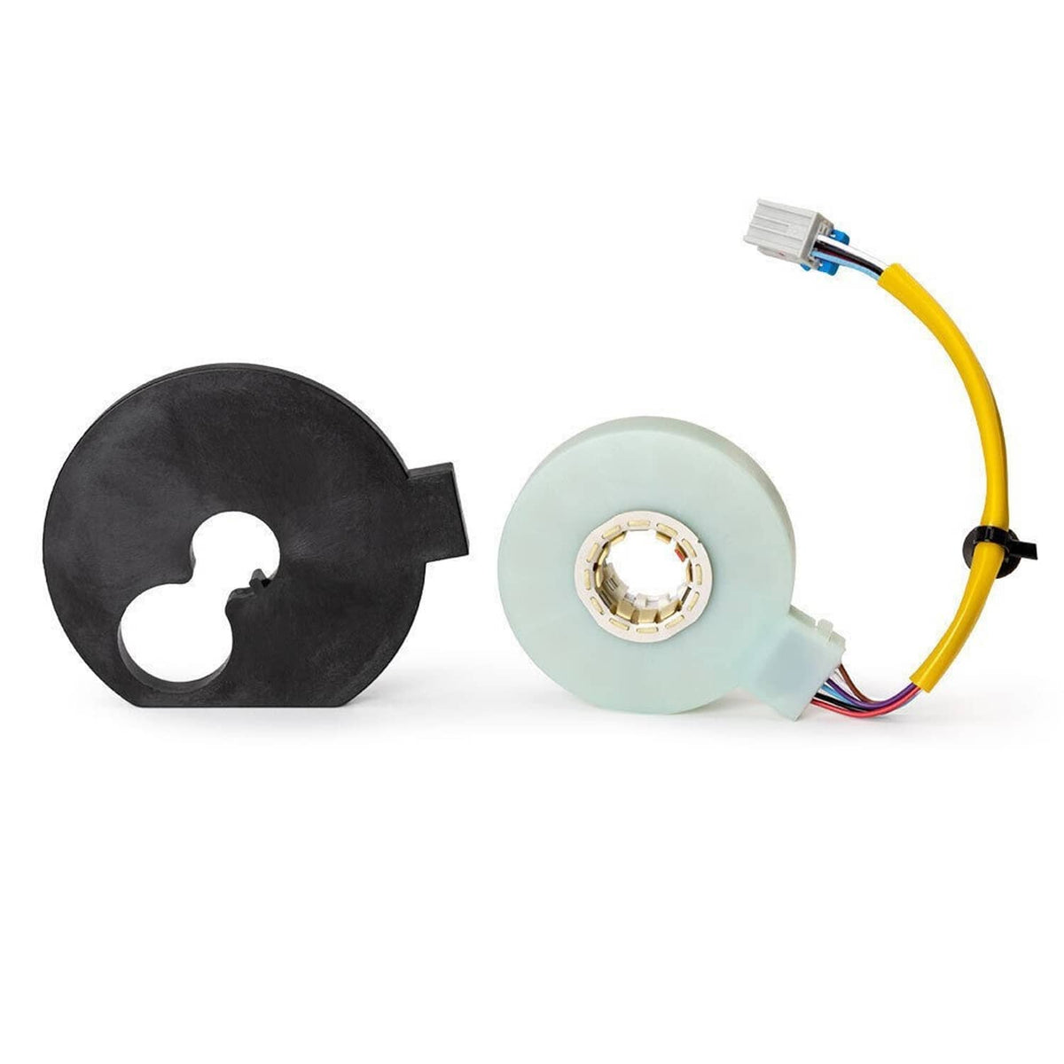 Steering torque sensor housing set: black and light blue rings with wiring leads