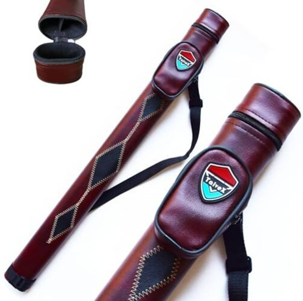 Hard pool cue carrying case in dark maroon leather with black strap and open end cap.