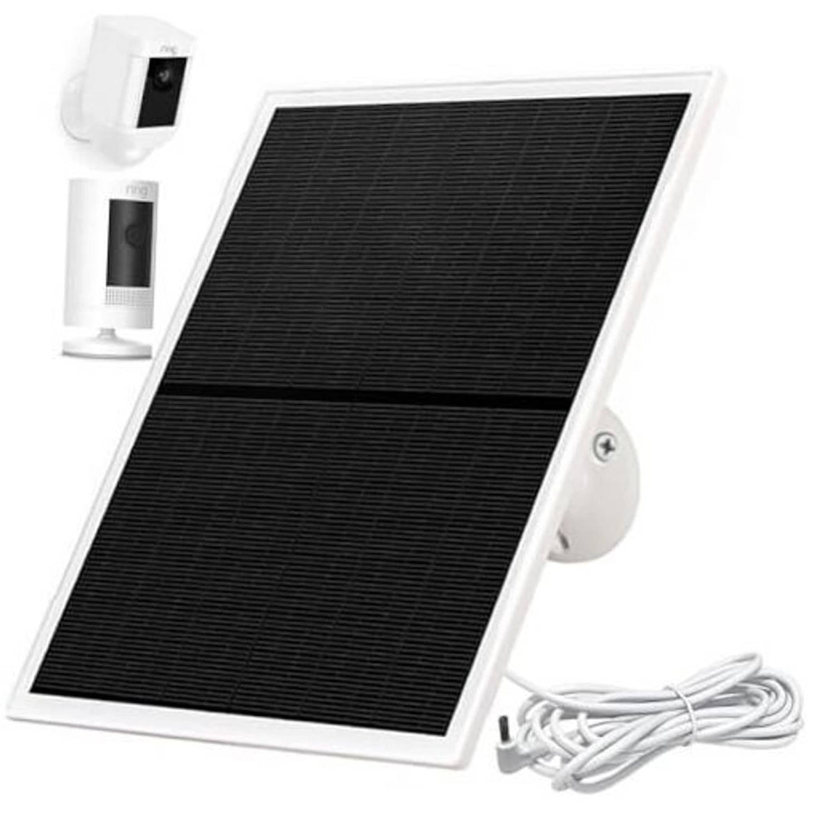 White solar panel charger with black solar panel and cable