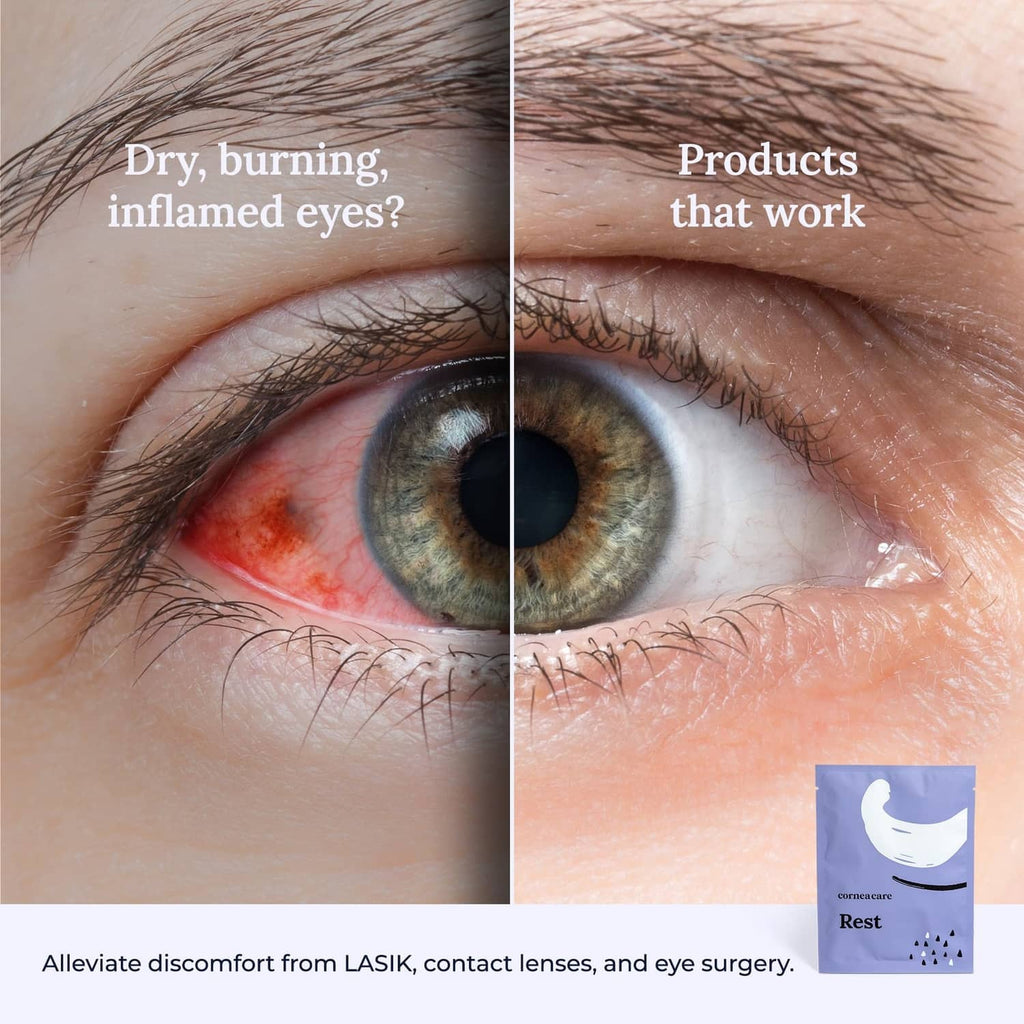 Close-up of eyes with small eye mask package for soothing warm compress use