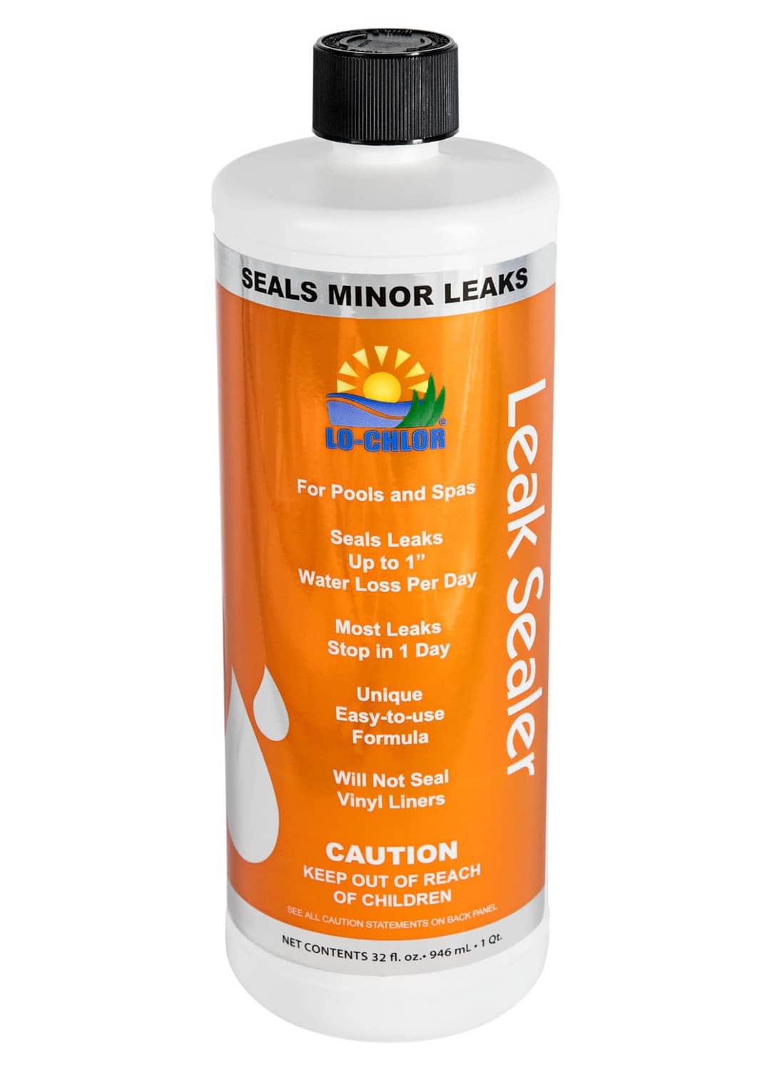Lo-Chlor pool leak sealer bottle, seals minor leaks, 32 oz