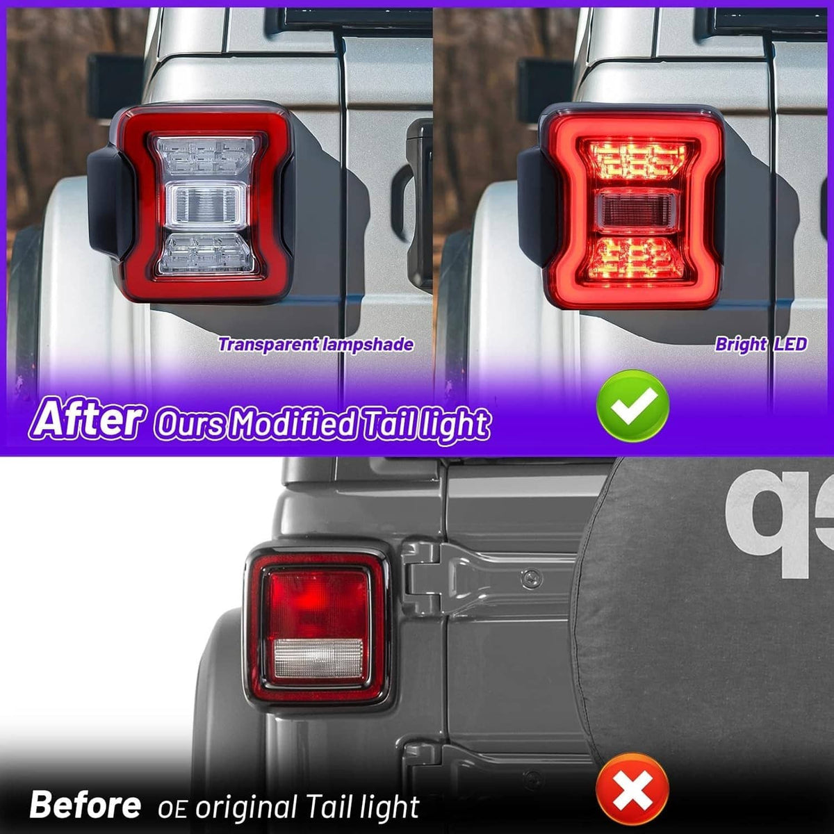 LED tail light comparison showing clear reverse lens and bright red brake/turn glow