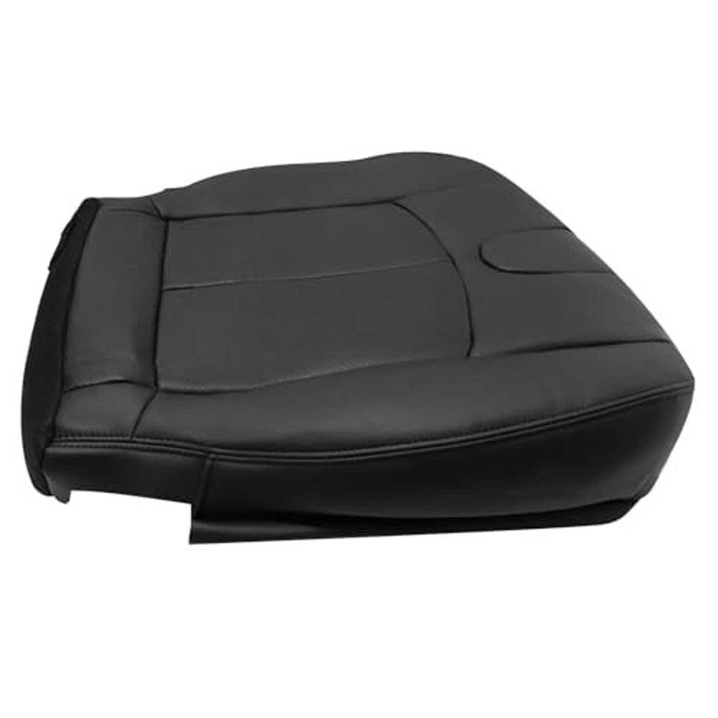Black leather seat cover with contoured seat surface and stitched panel seams