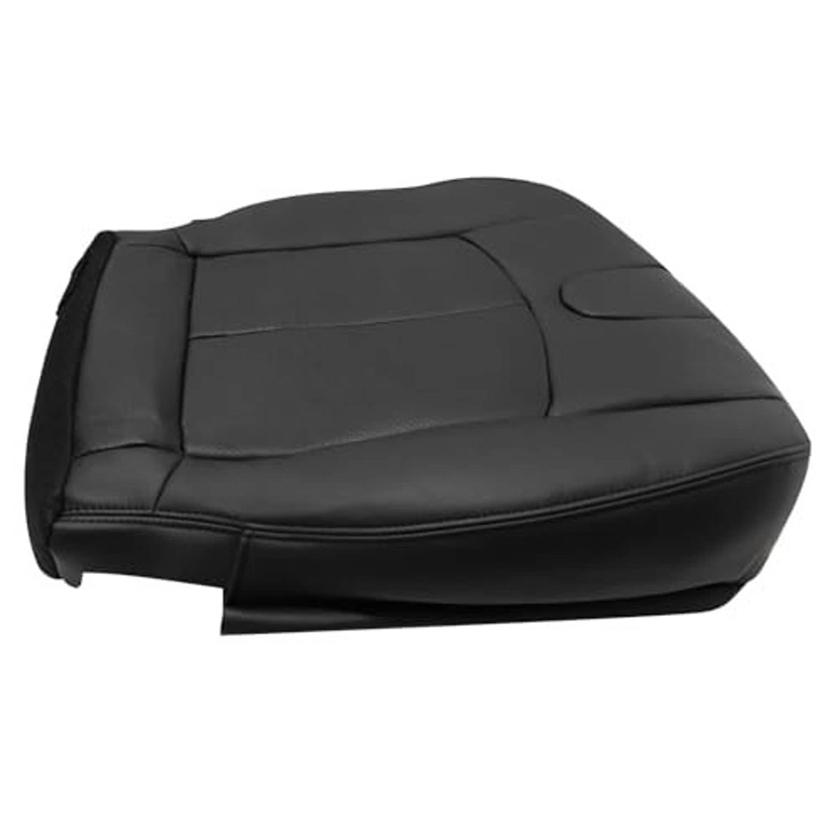 Black leather seat cover with contoured seat surface and stitched panel seams