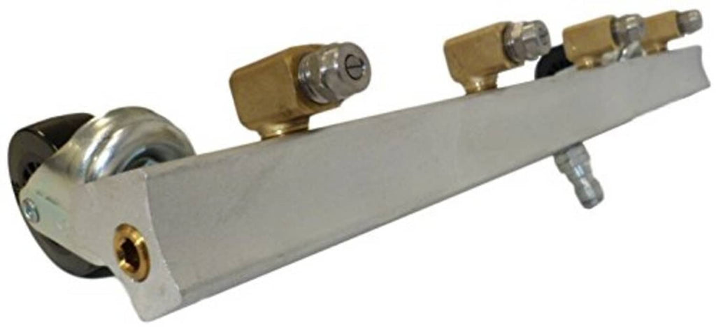 Angled undercarriage cleaner bar with brass fittings, spray nozzle, and caster wheels
